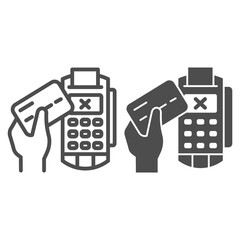 Poster - Credit card in hand and POS terminal line and solid icon, Payment problem concept, payment denial sign on white background, Cancellation purchase in POS terminal icon outline style. Vector graphics.