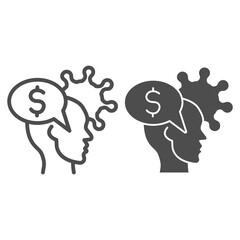 Poster - Human head with dollar and virus line and solid icon, finance problems concept, Money Idea sign on white background, Money in person mind and bacteria cell icon in outline style. Vector graphics.