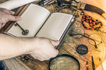 Aufkleber - Old map and notebook, compass, Travel equipment for the treasure hunt