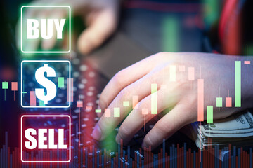 Poster - Currency market. Investing over Internet. Trading on financial exchange. Fingers next to keyboard. Concept - earnings on sale of currencies. Currency spiking. Concept - investment in foreign currency