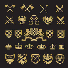 Wall Mural - heraldic badges. medieval stylized shapes swords shields crowns lions and knight ribbons for vector 