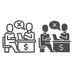 Poster - Bank manager refuses a loan for person line and solid icon, Payment problem concept, Loan refusal sign on white background, refuse in credit icon in outline style for mobile and web. Vector graphics.
