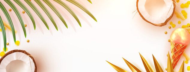 Wall Mural - tropical summer background. realistic coconut, tropical palm leaves, ice cream, yellow flower petals