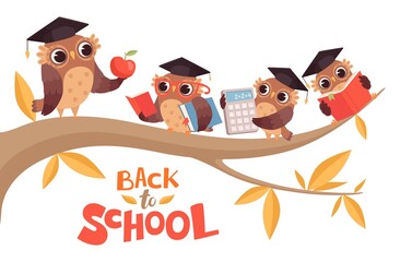 Sticker - Back to school. Cute cartoon baby owls and teacher on tree branch vector illustration. Education school owl, teacher bird cartoon