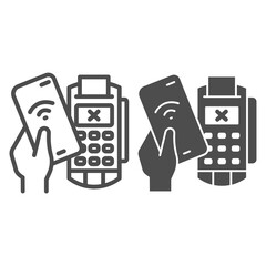 Poster - Smartphone in hand and payment terminal line and solid icon, Payment problem concept, declined mobile payment sign on white background, Cancellation purchase in POS terminal icon in outline. Vector.