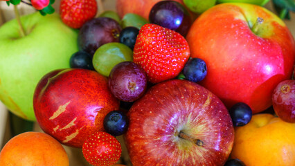 Canvas Print - Close-up view of large collection fresh fruits useful for health. Harvesting concept. Fresh background.