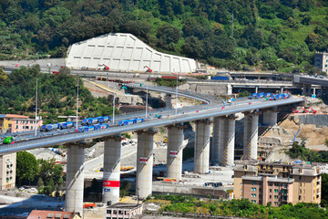 testing and load tests of the new genoa bridge with trucks and radio-controlled trolleys Genoa Italy