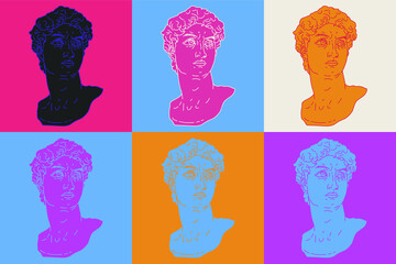 Poster - Pop art style collage with colorful gypsum heads.