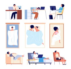 Poster - People sleeping. Couple sleep in bed blanket, flat tired man woman. Isolated asleep characters on sofa at desk in chair vector illustration. Couple in bedroom, person sleep on work and in chair