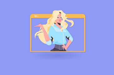 Poster - woman having virtual conference during video call remote work quarantine isolation concept girl in web browser window portrait vector illustration