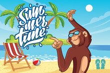Cartoon Chimpanzees Are Enjoying A Holiday On The Beach