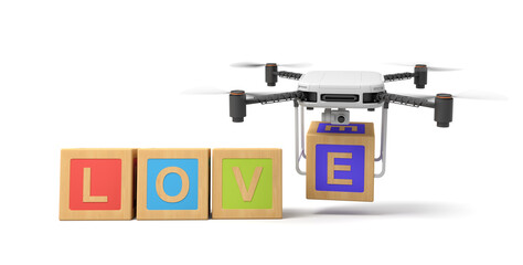 Poster - 3d rendering of word 'LOVE' written with ABC blocks, and camera drone putting final 'E' at the end.