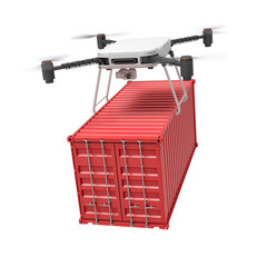 Poster - 3d rendering of drone lifting red shipping container isolated on white background