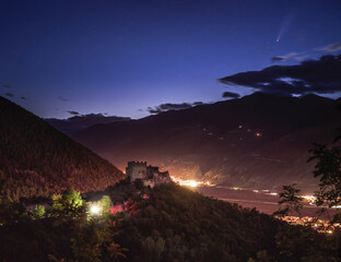Wall Mural - comet neowise appears over val venosta castle ruins in south tyrol