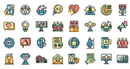 Poster - campaign icons set. outline set of campaign vector icons thin line color flat on white