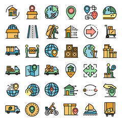 Sticker - Relocation icons set. Outline set of relocation vector icons thin line color flat on white