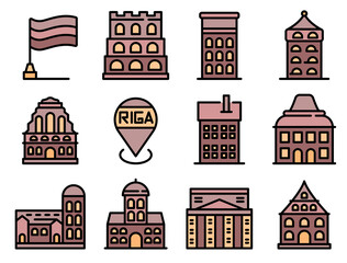 Canvas Print - Riga icons set. Outline set of Riga vector icons thin line color flat on white