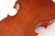 Ein Teil von dem Rücken eines Geigen Korpus. Das Holz hat eine Maserung  in orange und braun. Das Instrument liegt auf einem weißen Tuch.