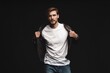 © opolja - Fashion man, Handsome serious beauty male model portrait wear leather jacket, young guy over black background