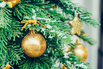 Wall Mural - Green fir tree with golden balls. Christmas wallpaper.