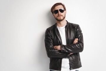 Fashion man, Handsome serious beauty male model portrait wear sunglasses and leather jacket, young guy over white background