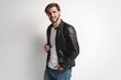© opolja - Fashion man, Handsome serious beauty male model portrait wear leather jacket, young guy over white background