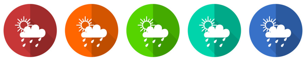 Poster - Rain icon set, red, blue, green and orange flat design web buttons isolated on white background, vector illustration