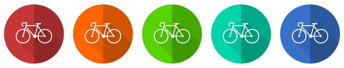 Fototapete - Bicycle icon set, red, blue, green and orange flat design web buttons isolated on white background, vector illustration