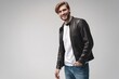 © opolja - Fashion man, Handsome serious beauty male model portrait wear leather jacket, young guy over white background
