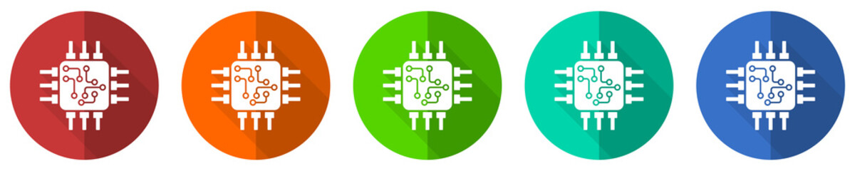 Leinwandbilder - Circuit icon set, technology, chip, processor, red, blue, green and orange flat design web buttons isolated on white background, vector illustration