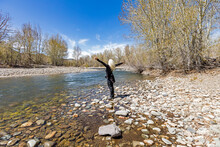 USA, Idaho, Bellevue, Senior Woman On Riverbank
