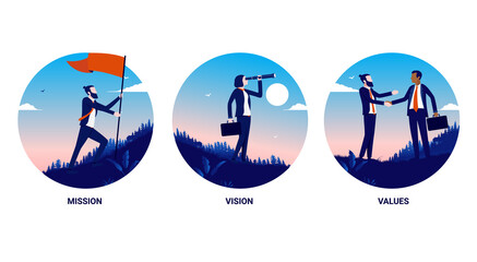 Leinwandbilder - Our mission, our vision, our values - Business illustrations for core values, strategy and principles. Vector illustration.