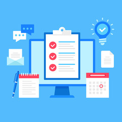 Poster - Online survey. Flat style design. Vector illustration. Computer with clipboard and checklist on screen. Different survey related icons around. Check list with check marks. Modern graphic elements