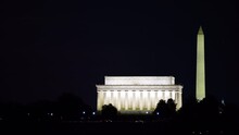 The Lincoln Memorial And Washington Monument With A Full Moon Closeup Across The Potomac River
