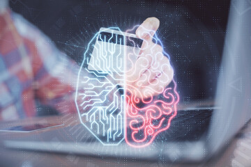 Poster - Double exposure of man hands typing on computer with credit card and brain theme drawing. E-commerce and AI concept.