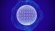 © Maksym - White sphere with a blue grid on a purple background. Low poly shape with connecting dots and lines on dark background. 3d rendering.