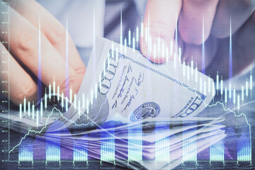 Aufkleber - Multi exposure of forex graph drawing hologram and USA dollars bills and man hands. Technical Analysis concept.
