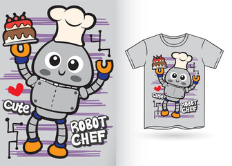 cute robot chef hand drawn for t shirt