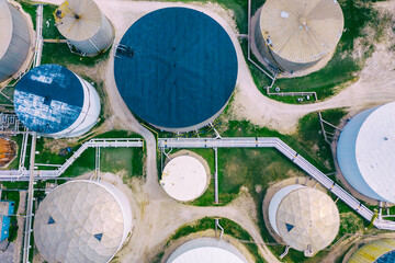 Aerial top view of oil refinery, fuel storage facility