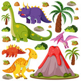 Fototapeta Dinusie - Set of cute dinosaurs and volcano eruption isolated on white background