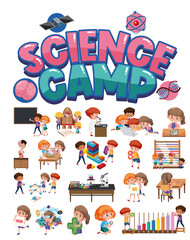 Wall Mural - Science camp logo and set of children with education objects isolated