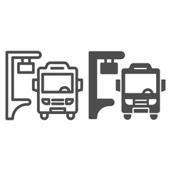 Poster - Bus stop line and solid icon, Public transport concept, Silhouette of bus at stop sign on white background, Bus station icon in outline style for mobile concept and web design. Vector graphics.