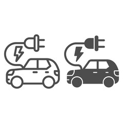 Poster - Electric car line and solid icon, Public transport concept, Hybrid Eco friendly auto sign on white background, electric car with plug icon in outline style for mobile and web design. Vector graphics.