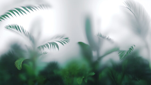 Tropical leaves and plants background. Green postcard wallpaper for print or web. Blurred frosty glass. 3D illustration