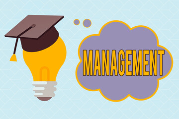 Poster - Text sign showing Management. Business photo text the authoritative act of directing or controlling things 3D Graduation Cap Thinking Resting on Bulb with Blank Cloud Thought Bubble
