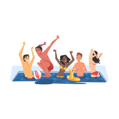 Poster - Swimming Pool Party, Happy Young Men and Women Having Fun Outdoors Cartoon Style Vector Illustration Isolated on White Background