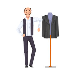 Sticker - Male Tailor Adjusting Clothes on Mannequin, Clothing Designer Tailor Working at Atelier Vector Illustration