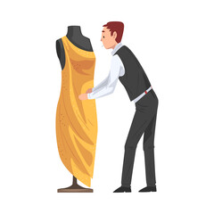 Sticker - Dressmaker Creating Dress, Male Clothing Designer Tailor Working at Atelier, Man Sewer Create Outfit Vector Illustration