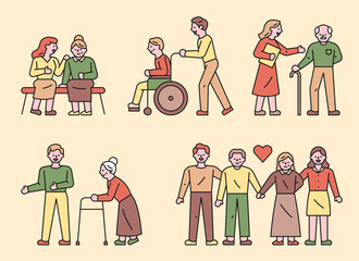 Wall Mural - young people helping old people.