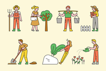 Wall Mural - people plowing the fields and harvesting crops.